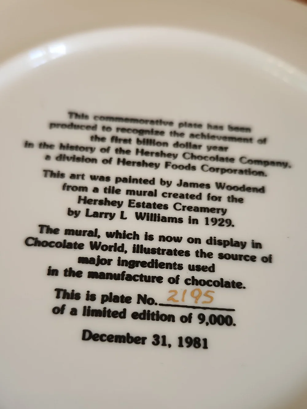 Hershey Chocolate Company James Woodend Commemorative Plate 1981 #2195 Of 9000!